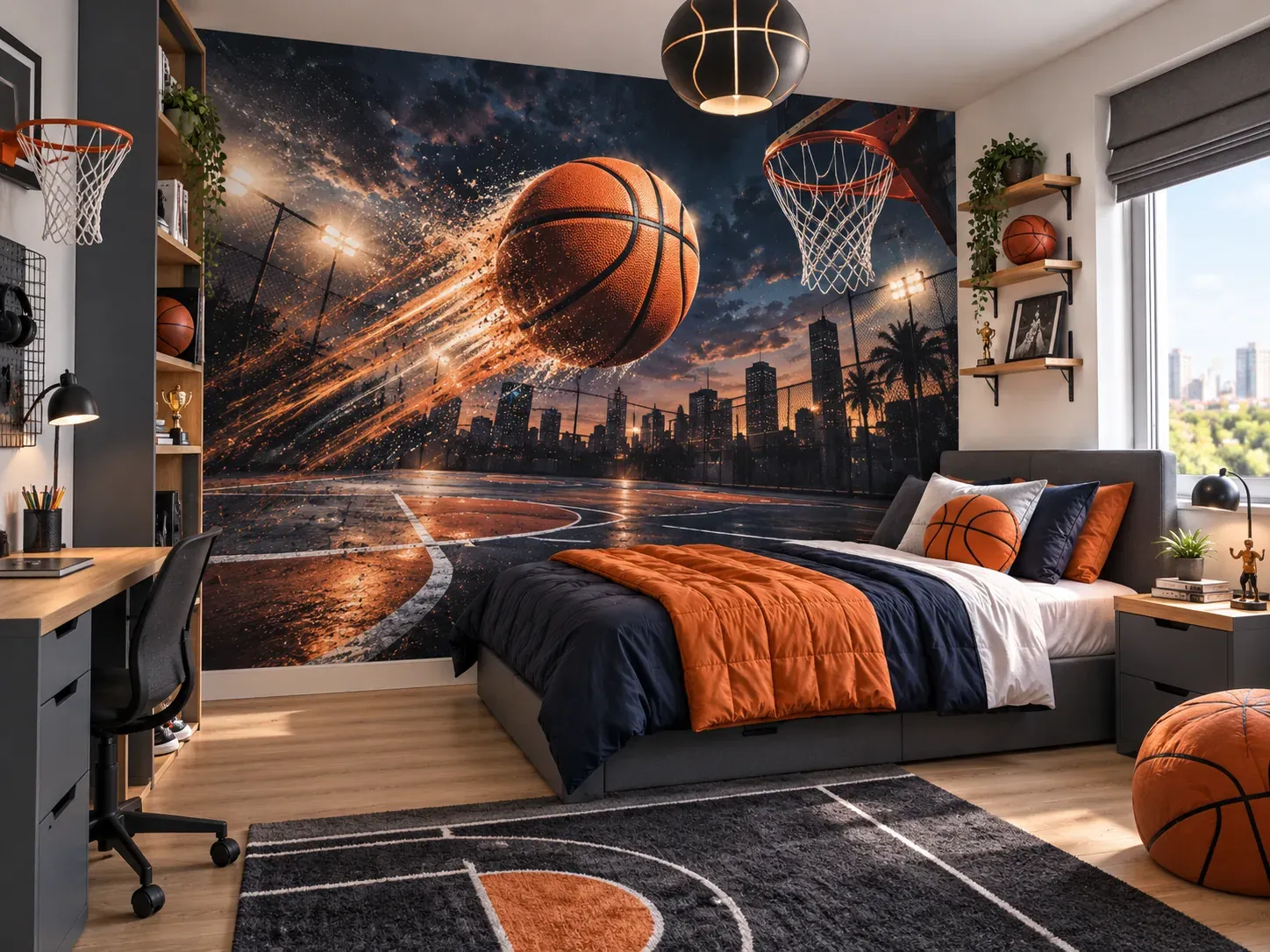 Fresque murale basket imprimée dans une chambre d’ado : ballon et terrain sous les projecteurs