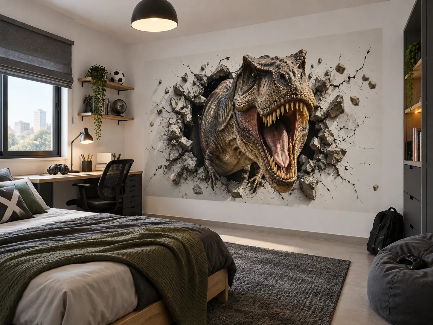 Impression murale en trompe-l’œil : tête de T-Rex surgissant du mur d’une chambre d’enfant