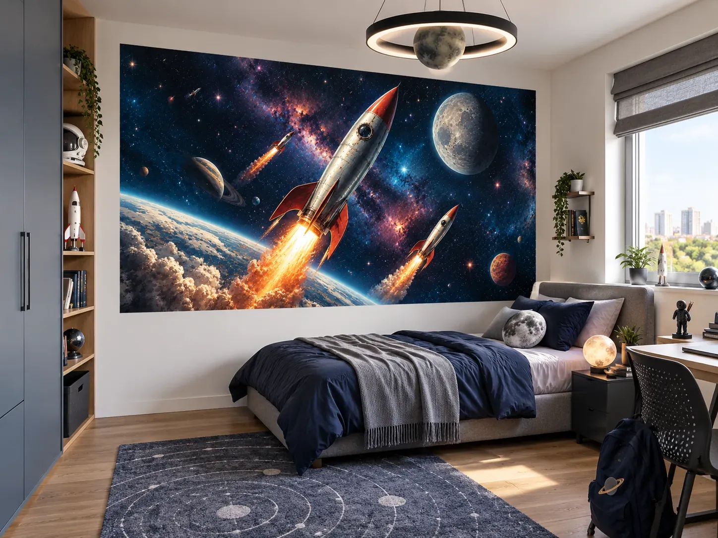 Impression murale sur le thème de l’espace : fusée, planètes et voie lactée dans une chambre d’enfant