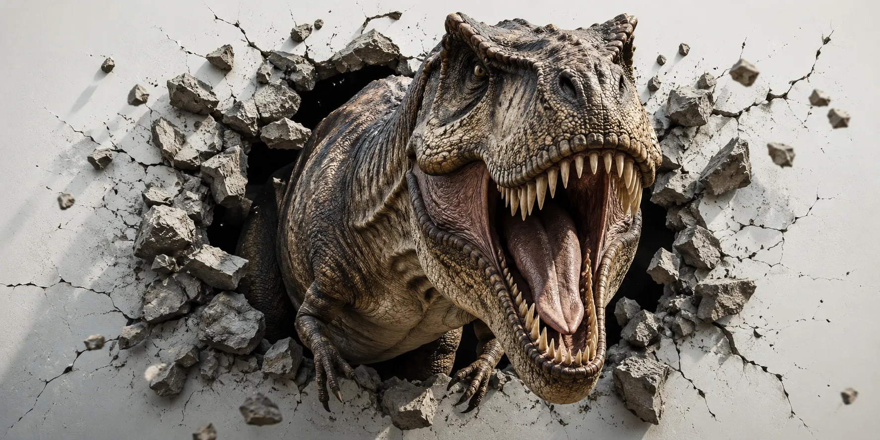 Chambres d’enfant — T-Rex crève le mur · trompe-l’œil