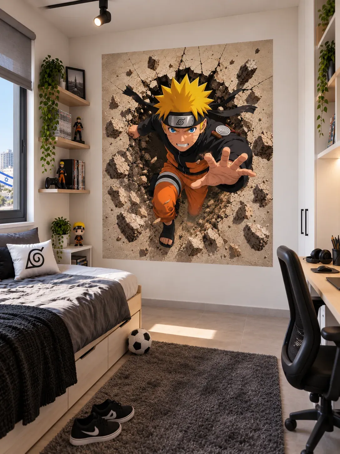 Impression murale manga en trompe-l’œil : personnage traversant le mur d’une chambre d’ado