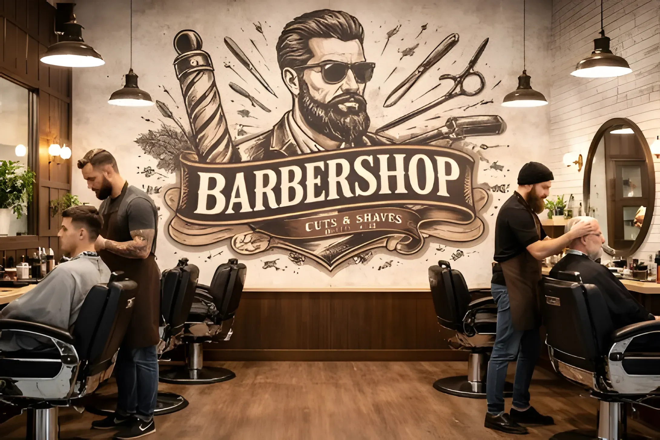 Mur imprimé dans un barber shop : logo et illustration de barbier au trait derrière les fauteuils