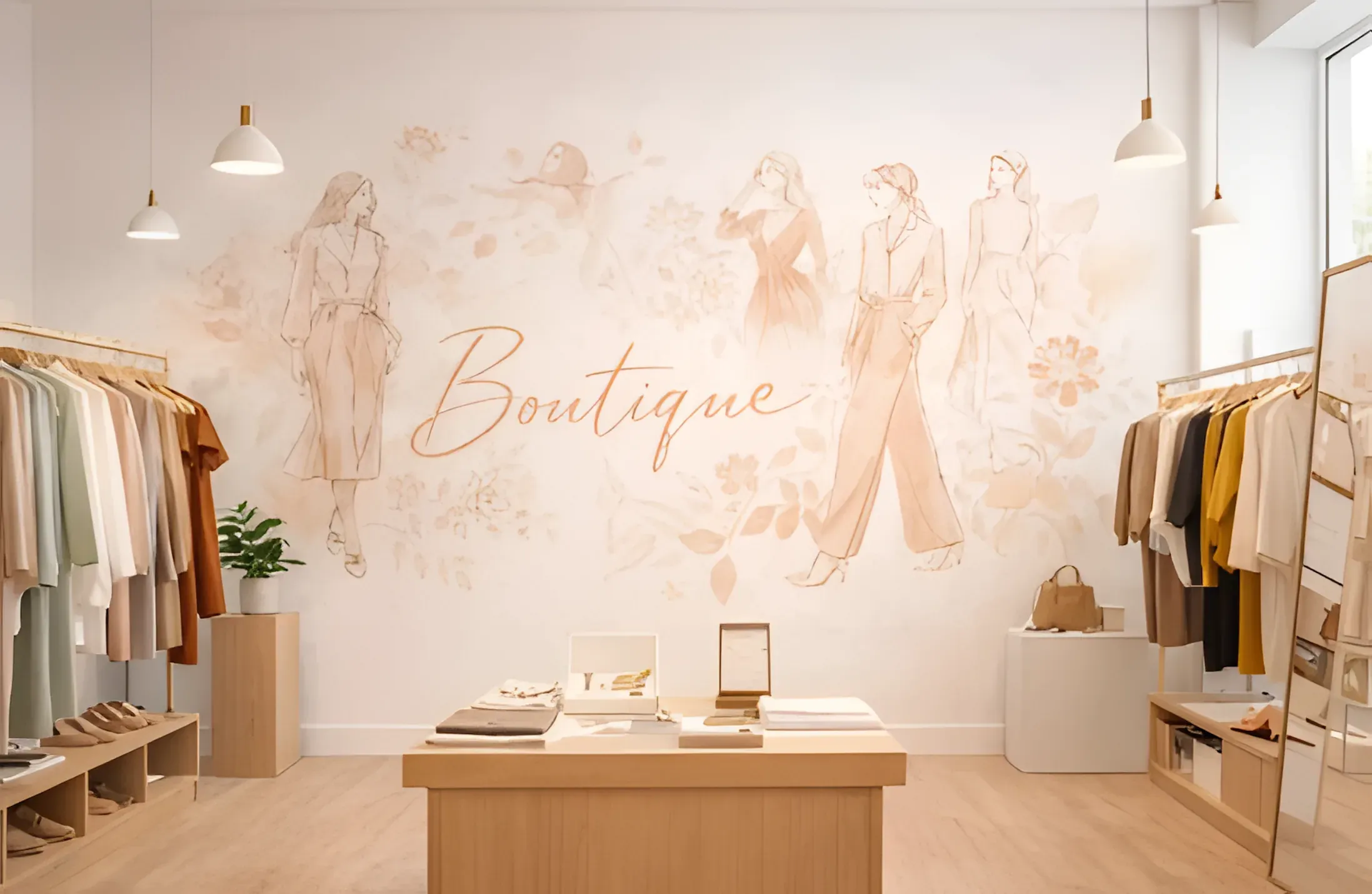 Mur imprimé dans une boutique de mode : silhouettes dessinées et lettrage ton sur ton beige