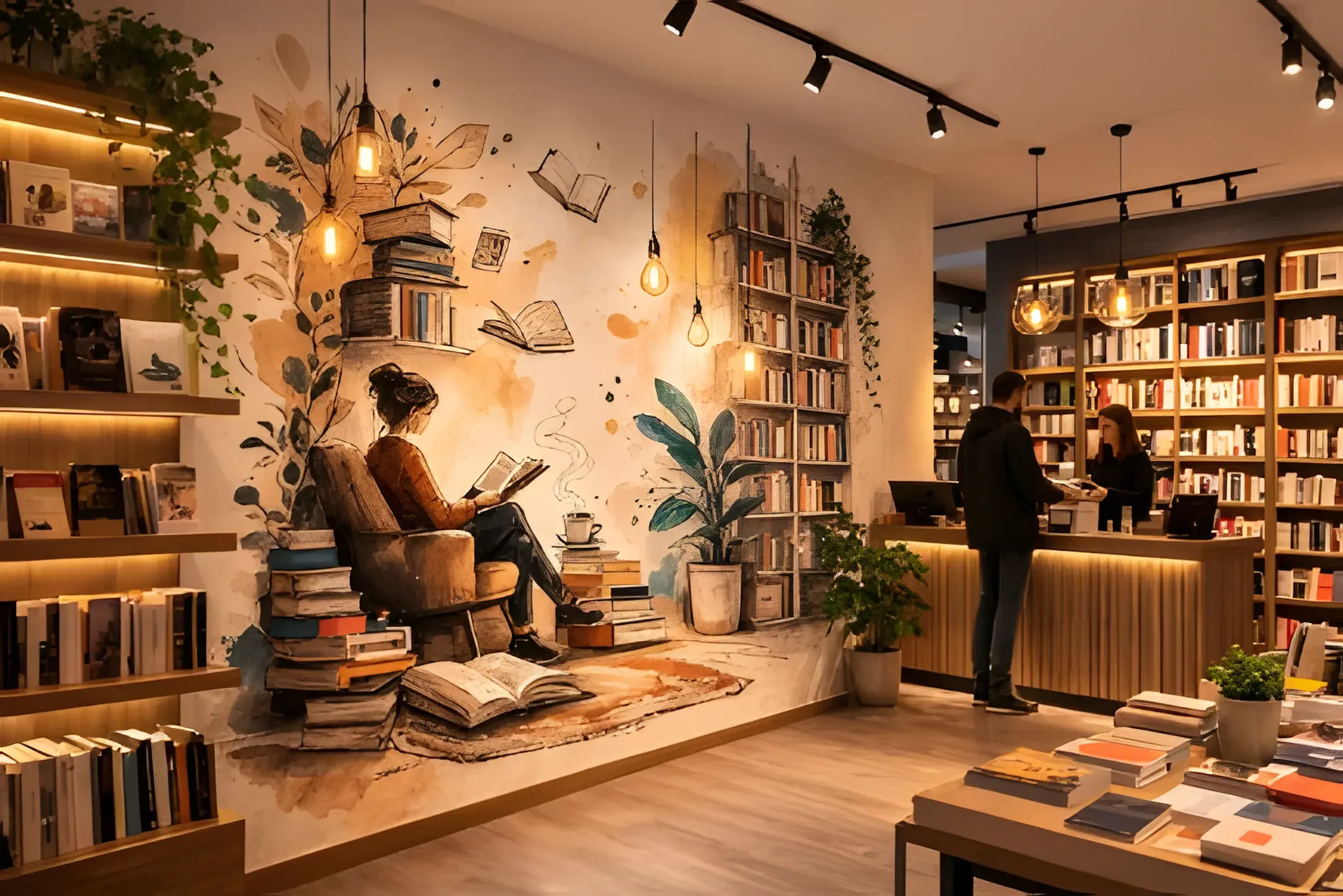 Fresque murale imprimée dans une librairie : lectrice dans un fauteuil, piles de livres et feuillages