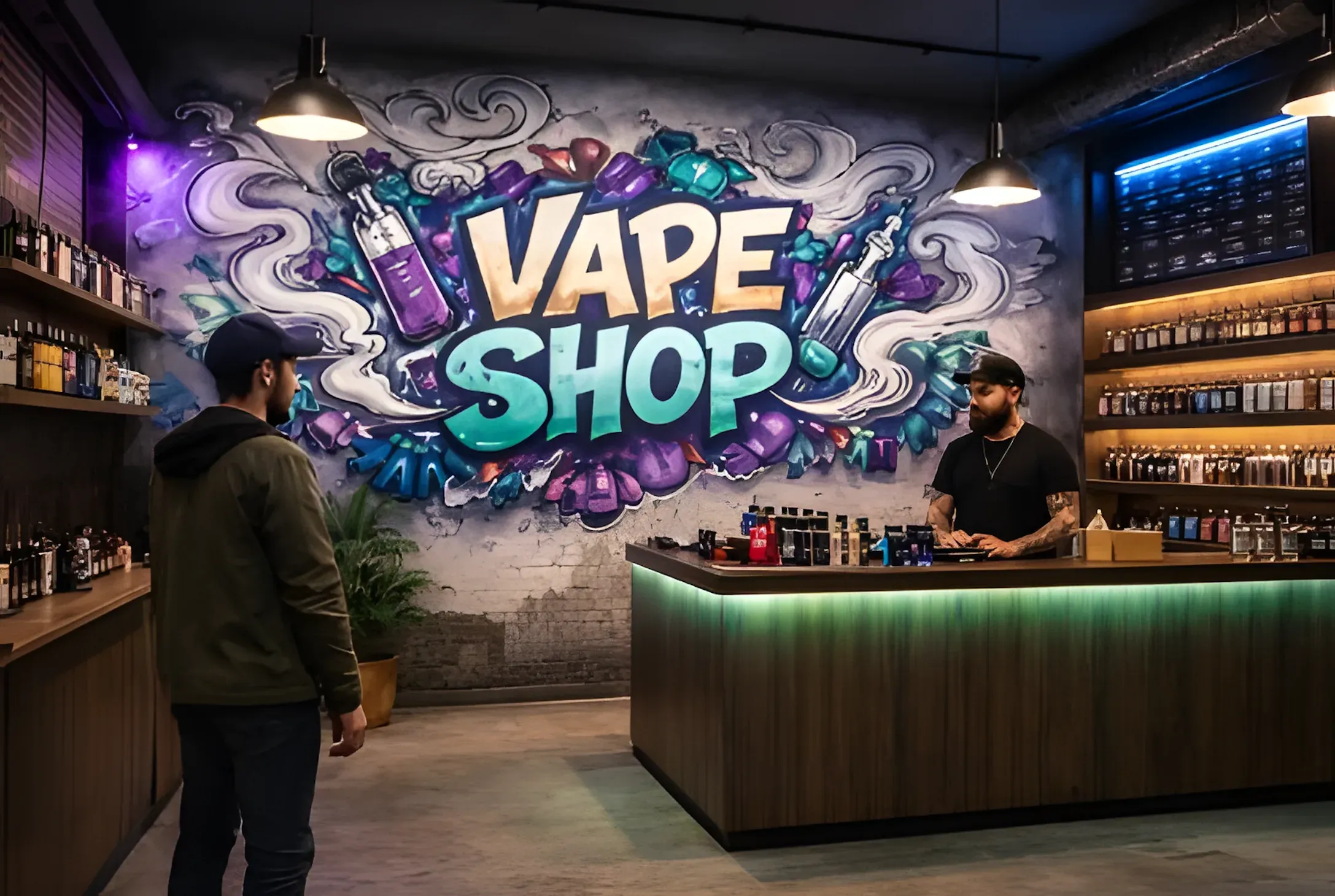 Mur imprimé dans un vape shop : graffiti coloré et lettrage street art derrière le comptoir