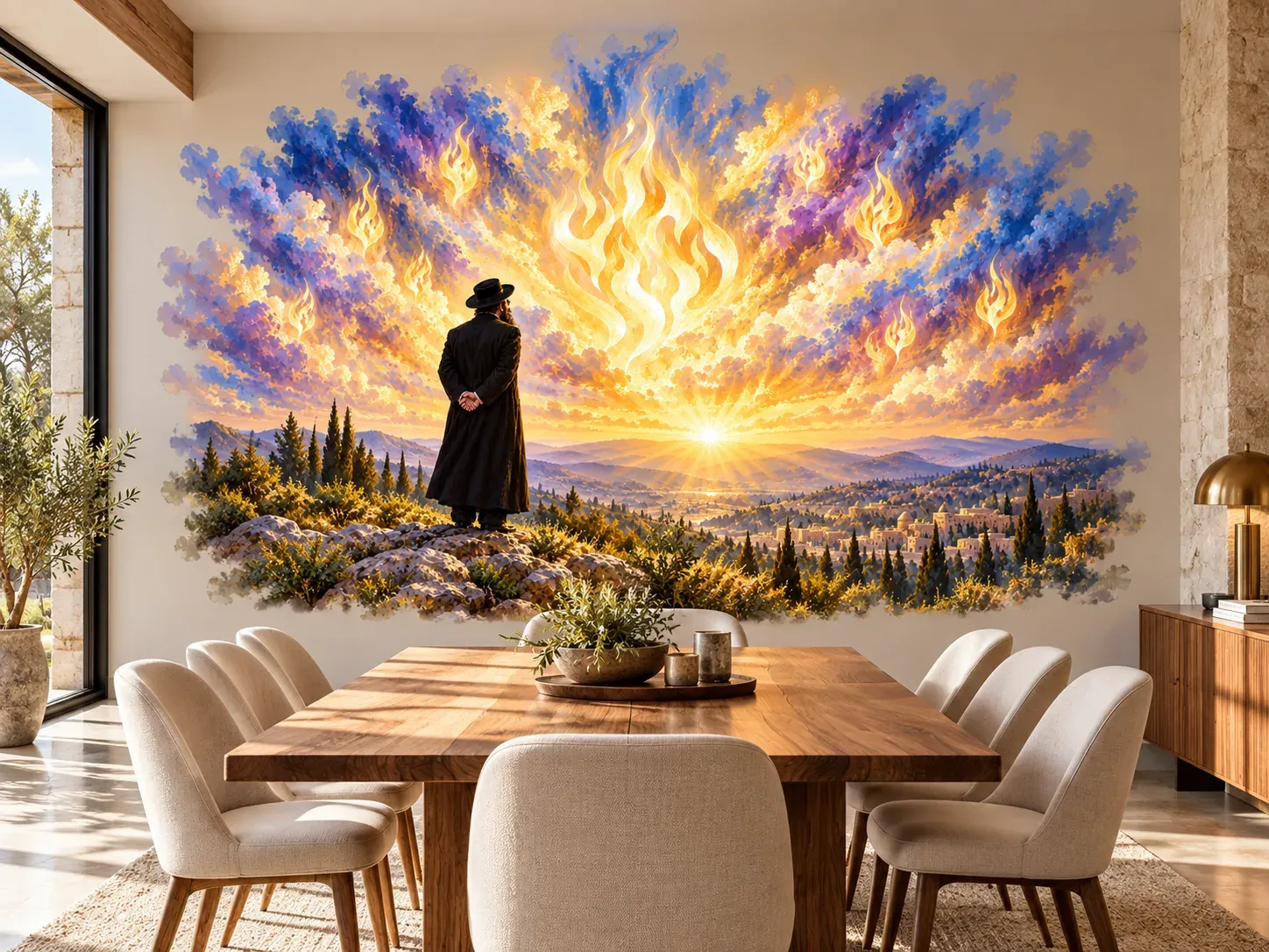 Impression murale d’une silhouette en prière face au lever du soleil, dans une salle à manger