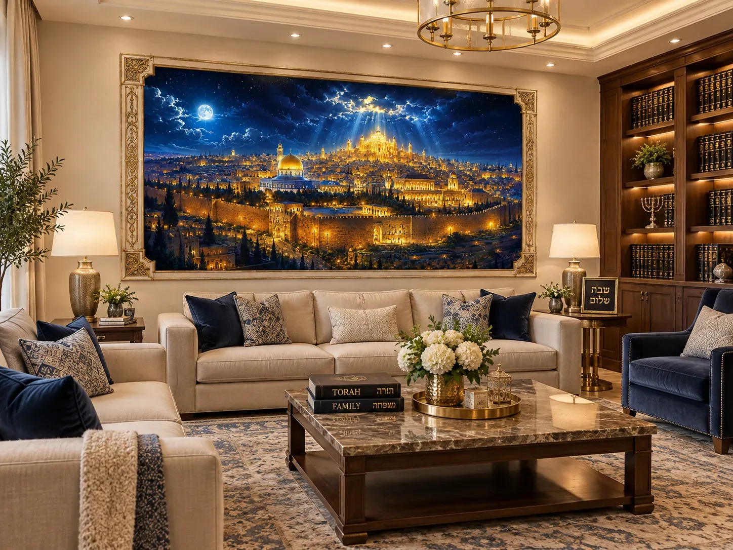 Impression murale de Jérusalem la nuit : vieille ville illuminée d’or dans un grand salon