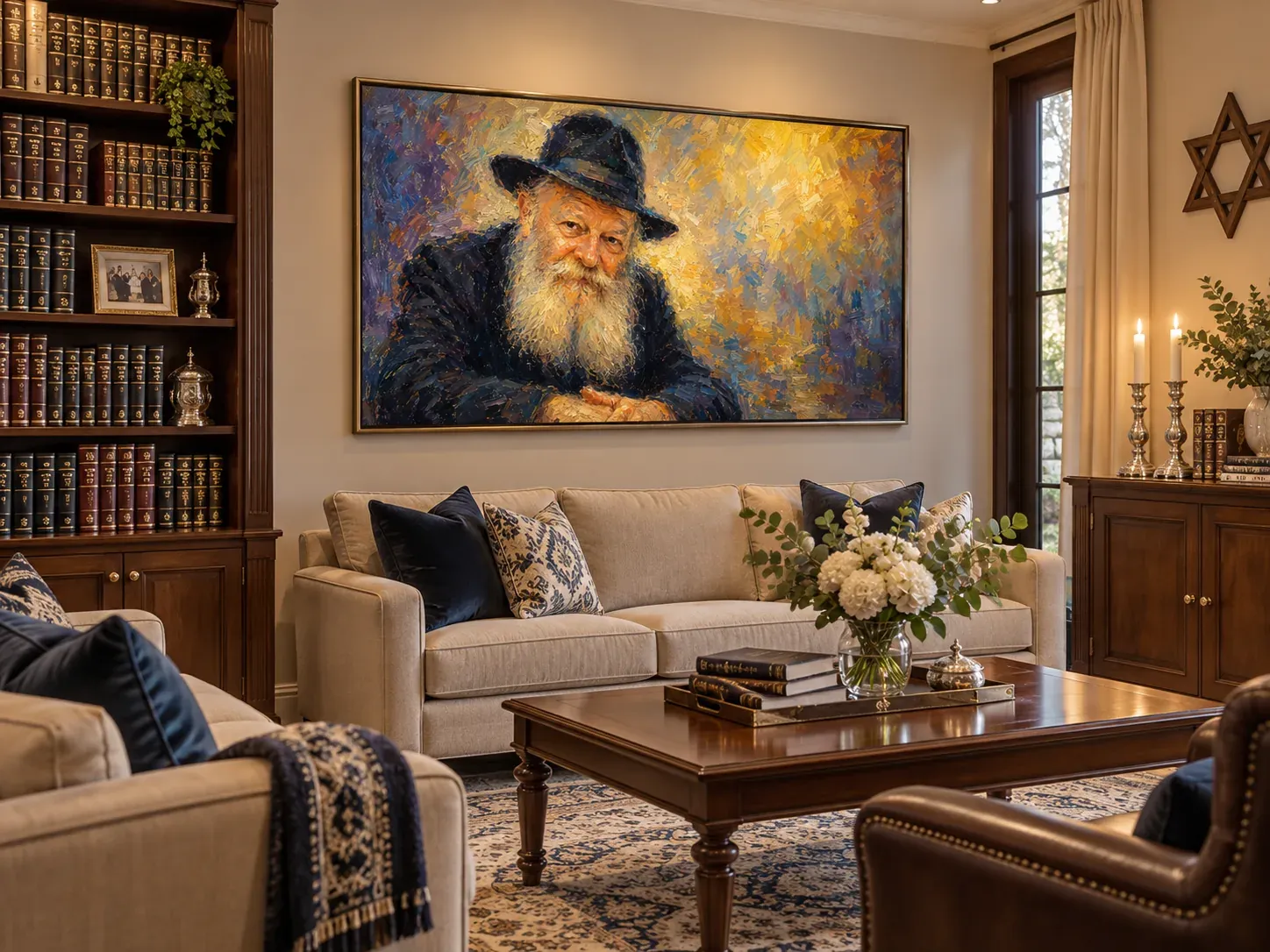 Impression murale d’un portrait du Rabbi en touches impressionnistes dans un salon boisé