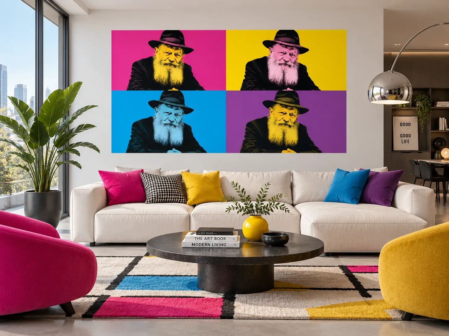Impression murale pop art du Rabbi en quatre aplats de couleur dans un salon design