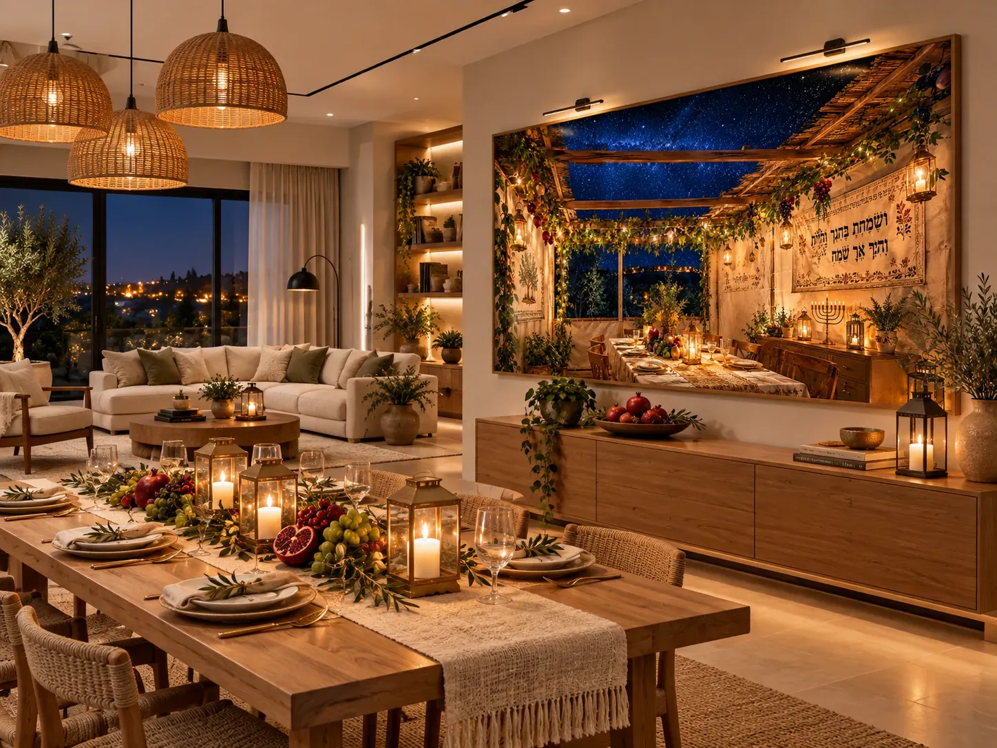 Impression murale dans une soucca : décor de fête, table dressée et panneau en hébreu