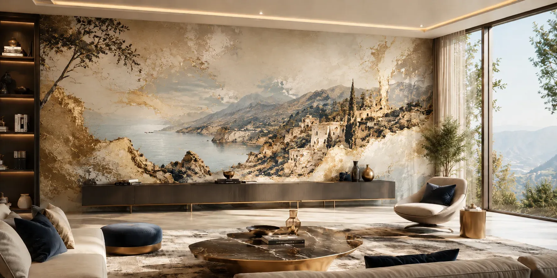 Fresque murale minérale d’une côte escarpée imprimée sur le mur d’un salon contemporain
