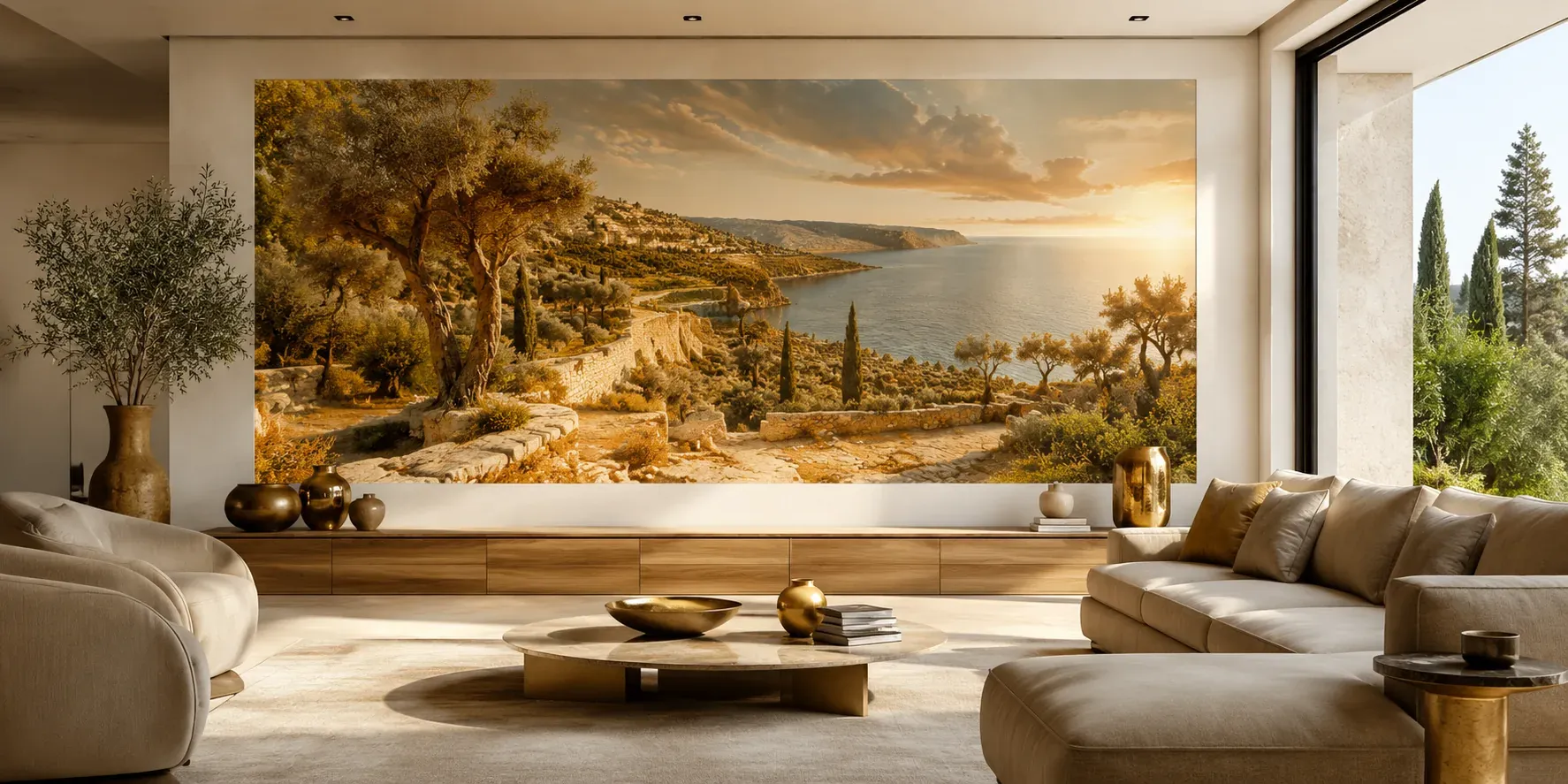 Impression murale panoramique d’un paysage méditerranéen doré dans un grand salon contemporain