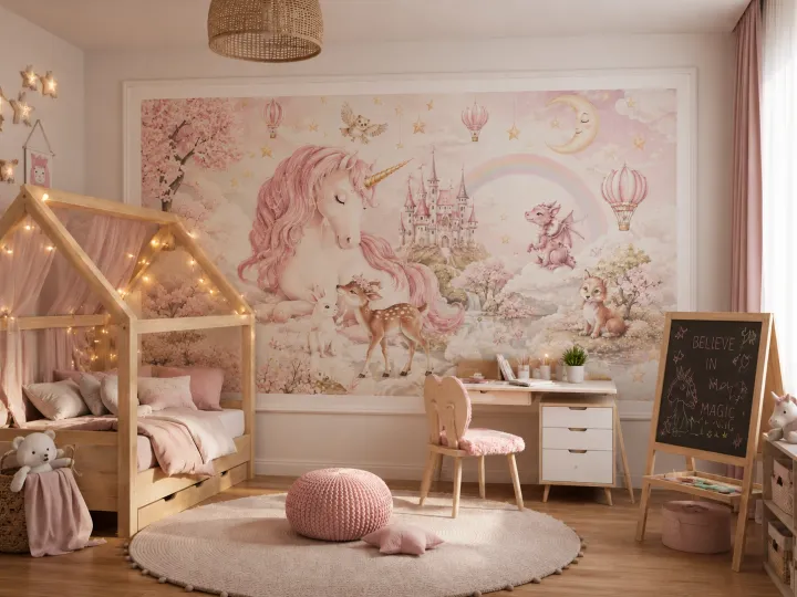 Un mur de chambre d'enfant représentant l'univers de licorne et des animaux imaginaires dans des tons pastels et rosés — Après