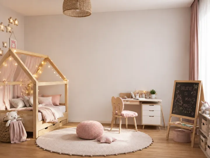Un mur de chambre d'enfant représentant l'univers de licorne et des animaux imaginaires dans des tons pastels et rosés — Avant
