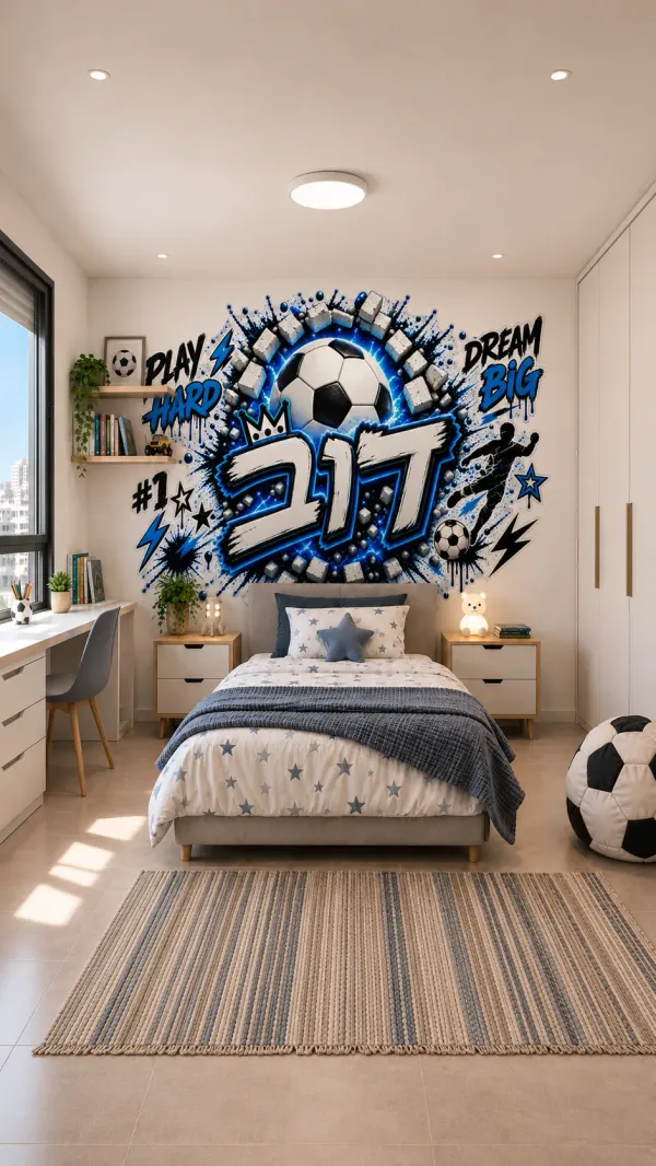 La même chambre après impression : fresque graffiti football imprimée sur tout le mur