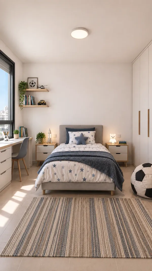 Chambre d’enfant avant intervention : mur blanc nu au-dessus du lit